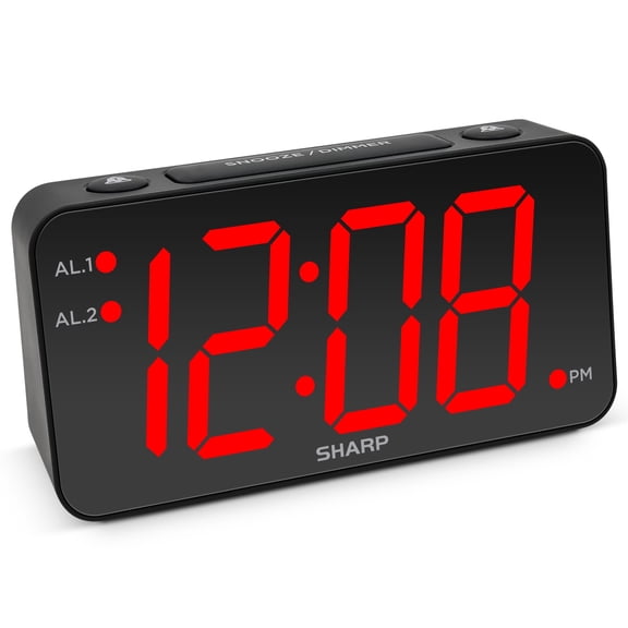 Sharp Digital Alarm Clock with Jumbo Numbers, Easy to See Large Numbers from Across Room with Simple Operation, Battery Back-up, Black Case with Red LED Display