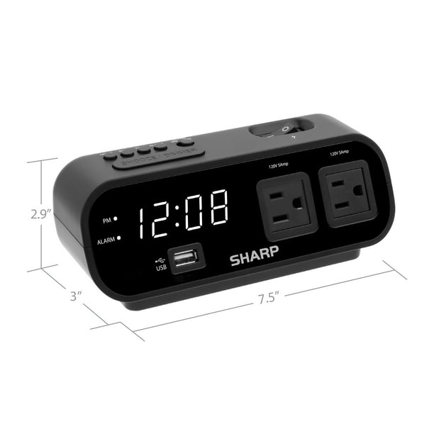 Sharp Digital Alarm Clock with 2 AMP USB Port and 2 x AC Power Outlets