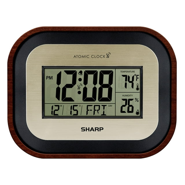 Sharp Digital Wall Clock, SelfSetting Atomic Desk Clock Woodgrain