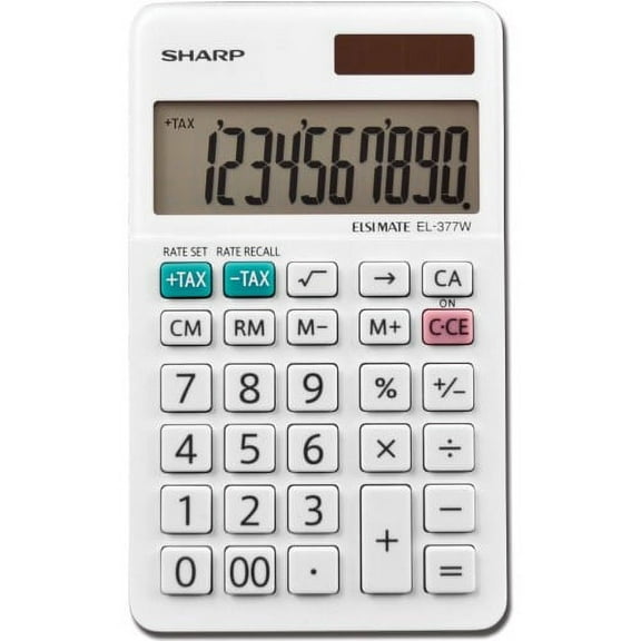 Sharp EL-377WB 10 Digit Professional Handheld Calculator Extra Large Display, Durable, Plastic Key, Dual Power, 4-Key Memory, Angled Display, Sign Change, Independent Memory - 10 Digits - LCD - White