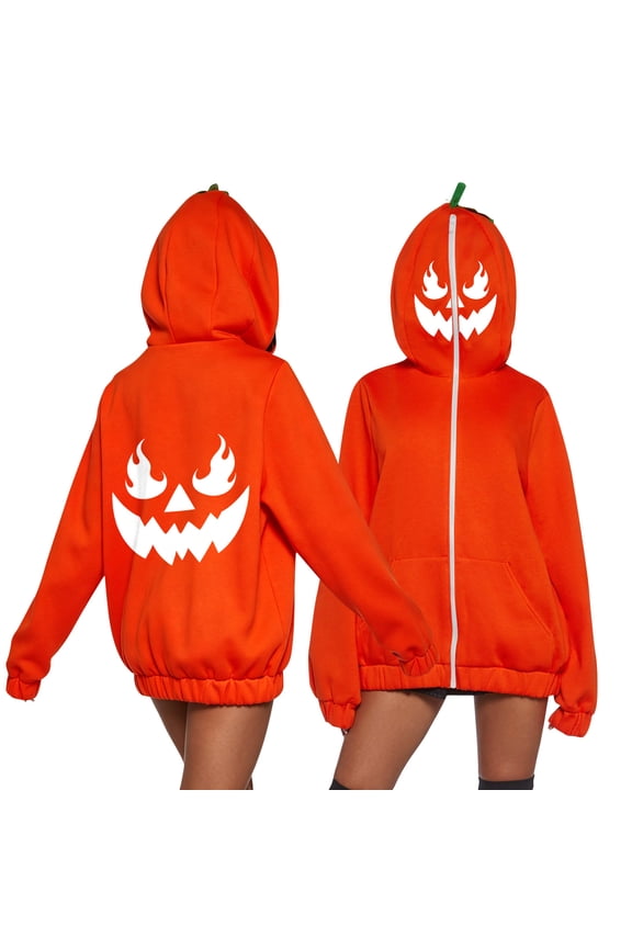 Sharp Fangs Zip Up Coat, Lightweight Pumpkin Face Full Zip Hooded Jacket, 3D Pumpkin Stem Oversized Halloween Sweatshirt, Sharp Fangs Evil Eye Spooky Face Holiday Loungewear, Black M
