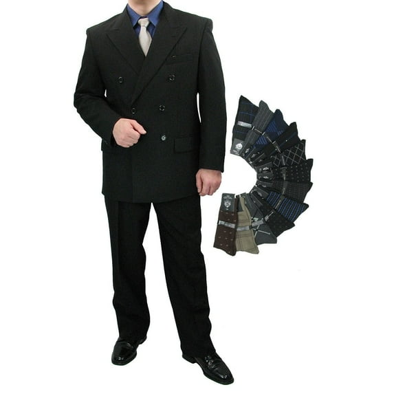Sharp Hand Tailored 2pc Men Double Breasted Dress Suit w/1 Pair of Socks - Black 52L