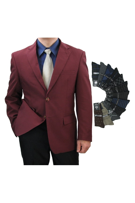 Sharp Hand Tailored Men 2B Dress Blazer w/1 Pair of Socks, Size 36S-62L - Burgundy 50R