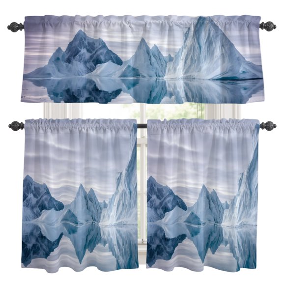 Sharp Ice Peaks Kitchen Curtains and Valances Set, Winter Still Lake Reflection Winter Zen White Blue Rod Pocket Window Valance Window Curtain Panels for Living Room Bedroom, 27.5x24in, 3 Pieces