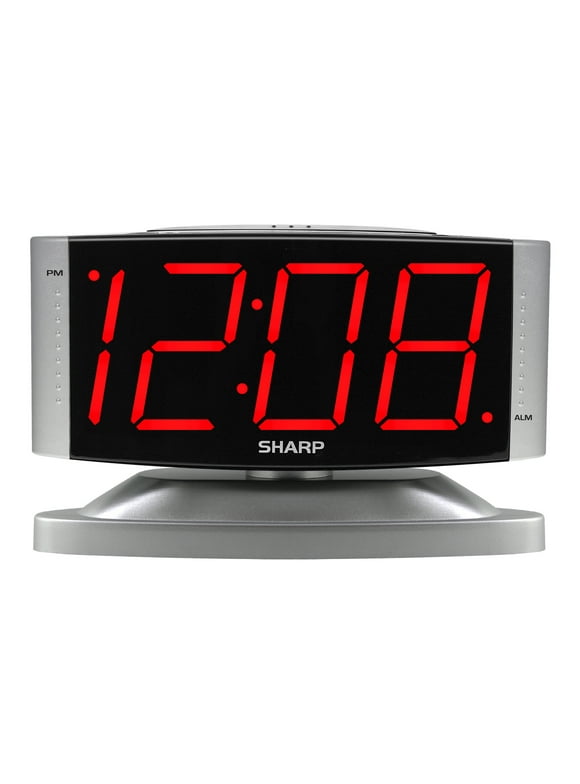 Sharp LED Digital Alarm Clock, Swivel Base, Silver Case, Red Display, SPC033D