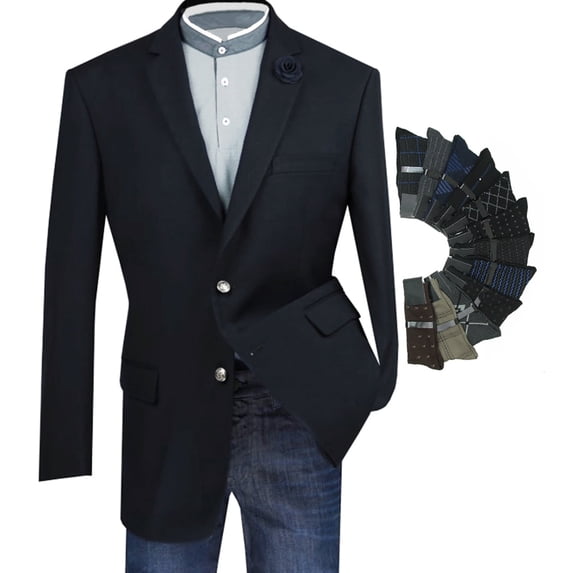 Sharp Luxurious Men 2-B Dress Blazer Sport Coat w/1 Pair of Socks - Black 46L