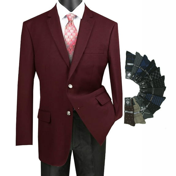 Sharp Luxurious Men 2-B Dress Blazer Sport Coat w/1 Pair of Socks - Burgundy 54R
