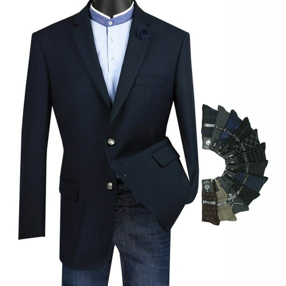 Sharp Luxurious Men 2-B Dress Blazer Sport Coat w/1 Pair of Socks - Navy 42R