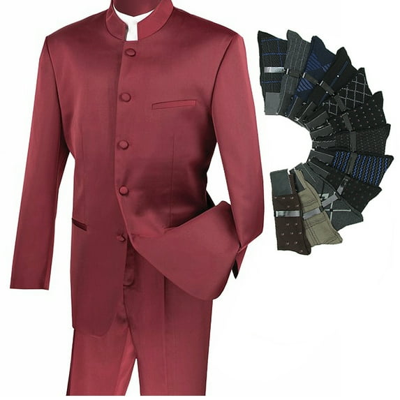 Sharp Mandarin Banded Collar Nehru Church Suit w/1 Pair Socks - Burgundy 44L