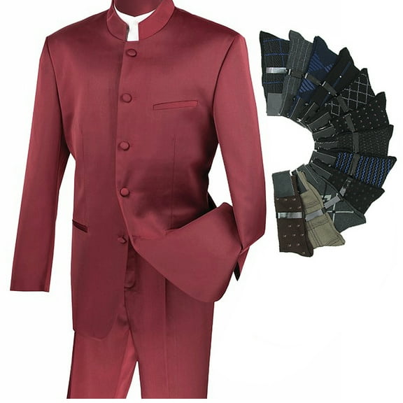 Sharp Mandarin Banded Collar Nehru Church Suit w/1 Pair Socks - Burgundy 50R