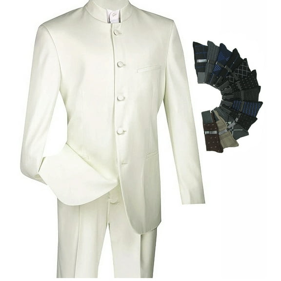 Sharp Mandarin Banded Collar Nehru Church Suit w/1 Pair Socks - Ivory 42S