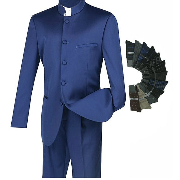 Sharp Mandarin Banded Collar Nehru Church Suit w/1 Pair Socks - Navy 42R