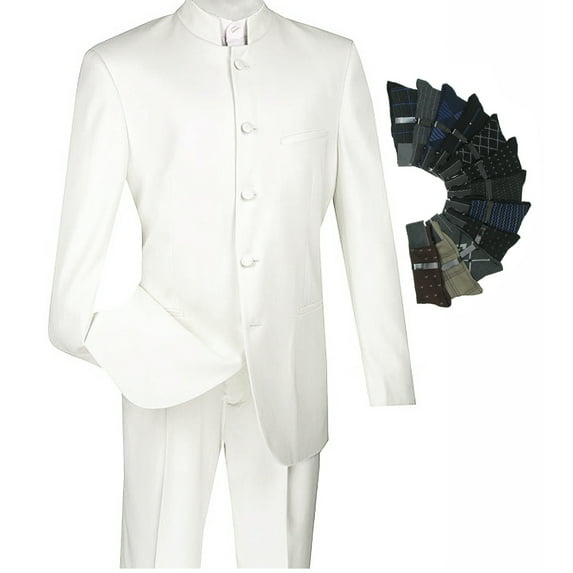 Sharp Mandarin Banded Collar Nehru Church Suit w/1 Pair Socks - White 48L