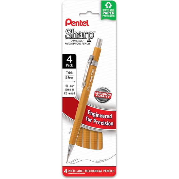 Sharp Mechanical Pencil, (0.9mm), Bold Line, Yellow Barrel, Pack of 4 (P209PF4G)