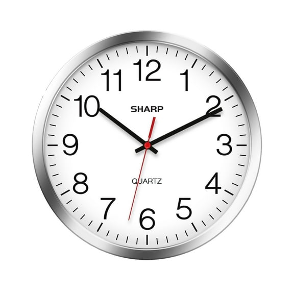 Sharp Modern 12" Quartz Round Wall Clock, Silent Non-Ticking, Silver/Chrome Frame for Home & Office