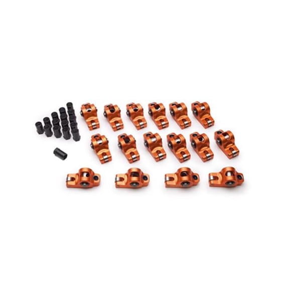 Sharp Rockers SHPS4102 0.437 in. 1.60 Ratio Full Roller Stud Mount Original Rocker Arm for Small Block Ford, Orange Anodize - Set of 16