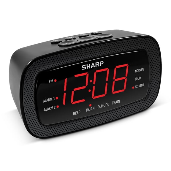 Sharp Shockwave Alarm Clock for Heavy Sleepers 105dB Ultra-Loud Wake-Up, Air Horn, School Bell, Train Whistle, Beep, Dual Alarms, 3 Adjustable Volumes, LED Display Dimmer