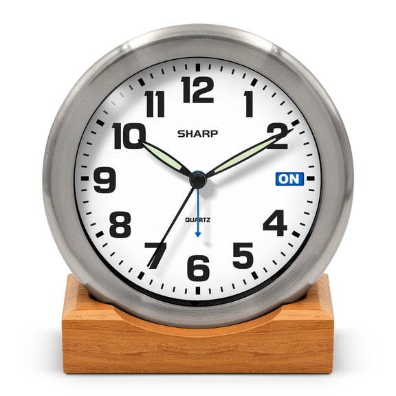 Sharp Silent Sweep Non-Ticking Analog Alarm Clock, Brushed Metal Desk or Wall Clock with Genuine Wood Stand, Alarm On Indicator, Luminous Hands, Battery Operated