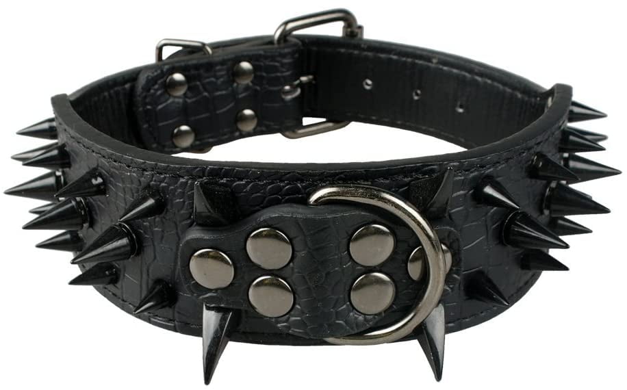 Pet Artist 2 Wide Luxury Genuine Leather Spiked Studded Dog Collars for Medium & Large Dogs,Red,M,Neck for 17-20