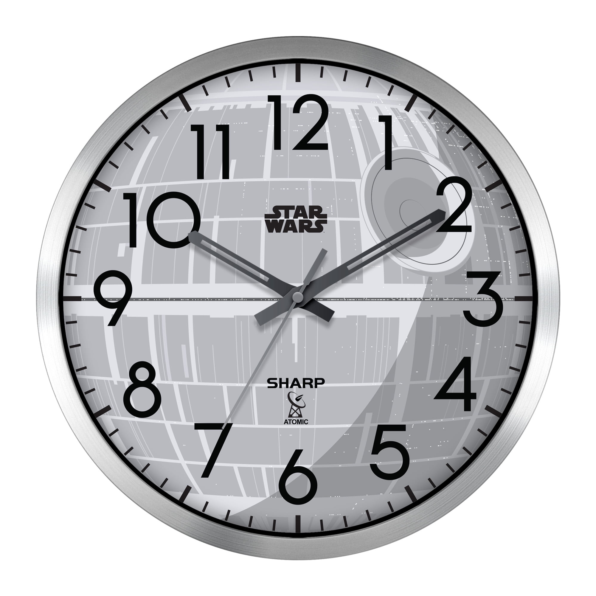 Sharp Star Wars Death Star Atomic Wall Clock- 12" Silver Brushed Finish - Sets Automatically- Battery Operated QA Technology Display -