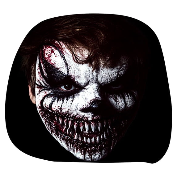 Sharp-Tooth Clown Covers for Cars, 4 Pcs Scary & Funny Cartoon Car Headrest Covers, Spooky Creepy Halloween Auto Head Rest Protector with Ghost Face Mask Design, for Vehicle Truck SUV