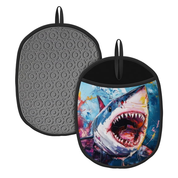 Sharp-Toothed Shark Opened Jaws Kitchen Pot Mat, 7.5x9.4 in Kitchen Mat for Oven, Heat Resistant Soft Quilted Cotton Lining for Safe Backing Cooking, 2PCS