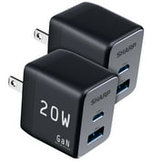 Sharp USB C Charger, 2-Pack 20W, Dual Port (USB A+C) Compact Foldable GaN Fast Charge for iPhone 15/15 Pro/15 Pro Max/14/13/12, Pad Pro/AirPods and More, Black, GW-20PDA201U-2PKBLK