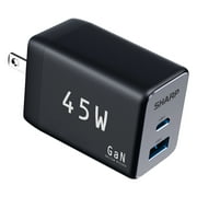 Sharp USB C Charger, 45W, 2 Port USB A+C Compact Foldable GaN Fast Charge for iPhone 15/15 Plus/15 Pro/15 Pro Max/14, Galaxy, Pixel 4/3, iPad/iPad Mini - Black, G451A1CU-BLK