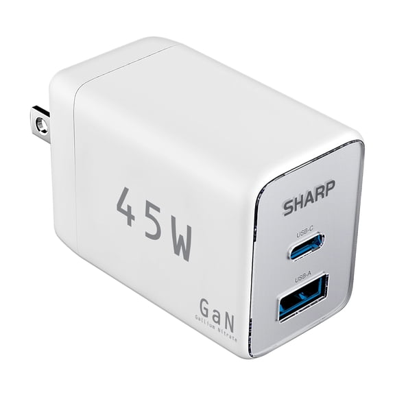Sharp USB C Charger, 45W, 2 Port (USB A+C) Compact Foldable GaN Fast Charge for iPhone 15/15 Plus/15 Pro/15 Pro Max/14, Galaxy, Pixel 4/3, iPad/iPad Mini  White, G451A1CU-WHT