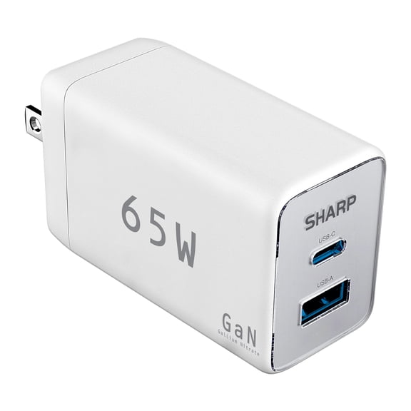 Sharp USB C Charger, 65W, 2 Port (USB A+C), Compact Foldable GaN Fast Charge for MacBook Pro/Air, iPad Pro, Galaxy S23, Dell XPS 13, Note 20/10+, iPhone 15/Pro, and More - White, G451A1CU-WHT