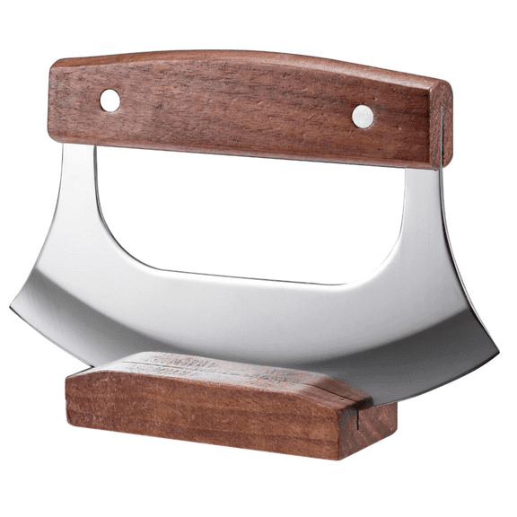 Sharp swing arm knife with stand, suitable for cutting pizza, meat, vegetables, herbs, salads, stainless steel blades, walnut handle, essential kitchen accessories and small tools