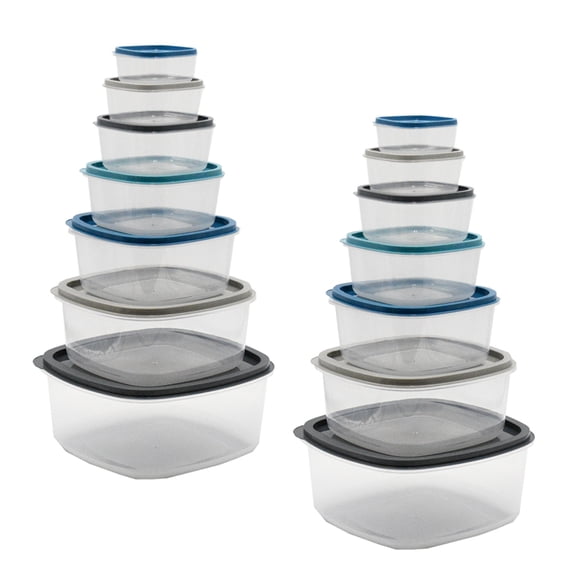 SharpChef 14pc Square Plastic Food Storage Container Set, Stackable, Nesting, Airtight Leak-proof Lids, Microwavable, 7 Colors - 2 Pack