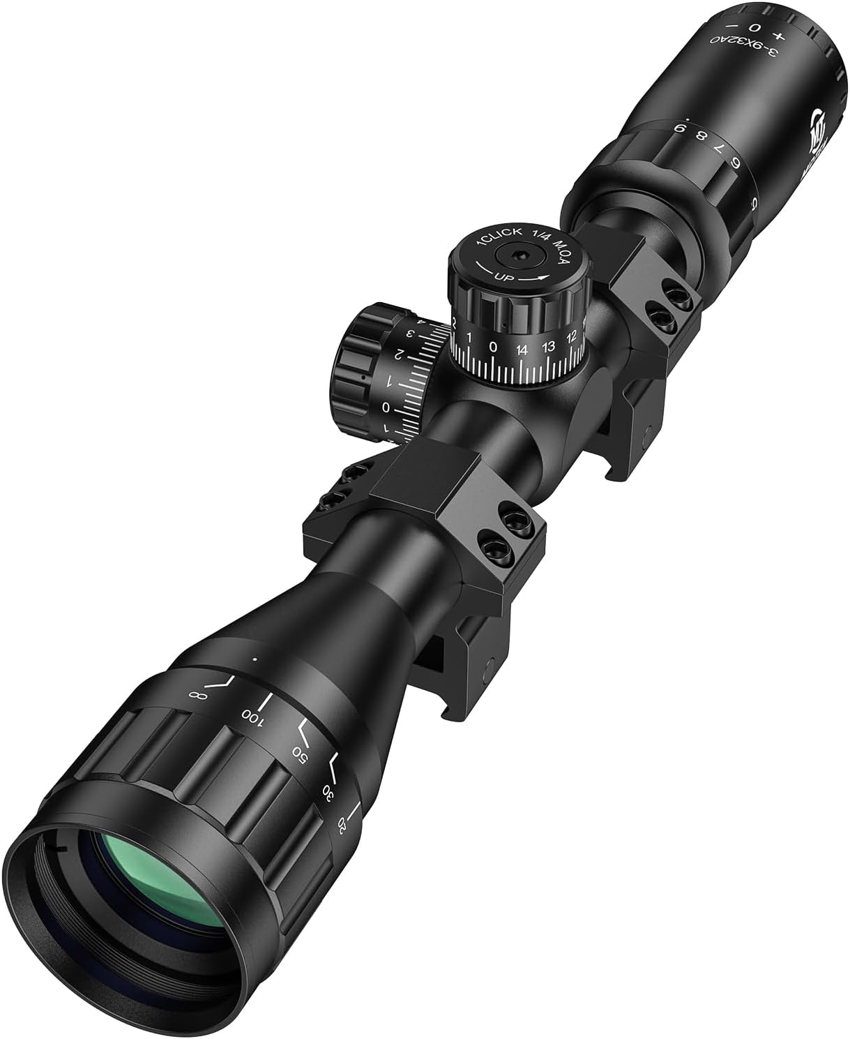 SharpOptics 3-9X32 AO Scope with Locking Turret with 20mm Scope Rings for Hunting,Green