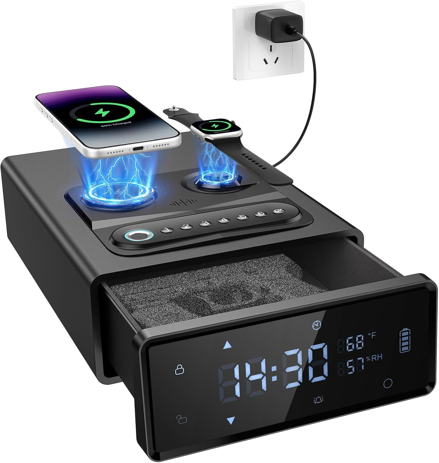 SharpOptics Biometric Gun Safe with 2-in-1 Watch & Phone Wireless Charging, 4 Quick Access Clock Handgun Safe, 24/7 Digital Clock