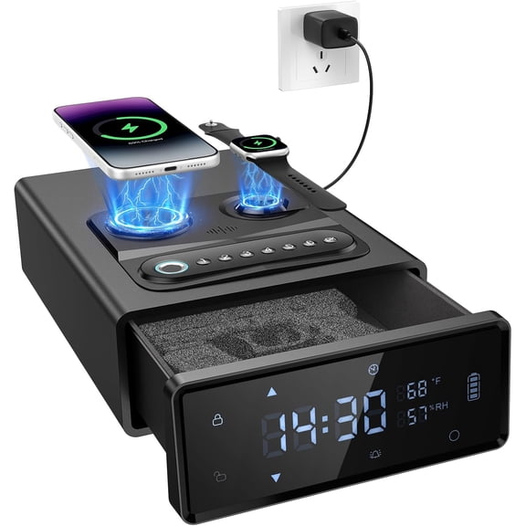 SharpOptics Biometric Gun Safe with 2-in-1 Watch & Phone Wireless Charging, 4 Quick Access Clock Handgun Safe, 24/7 Digital Clock