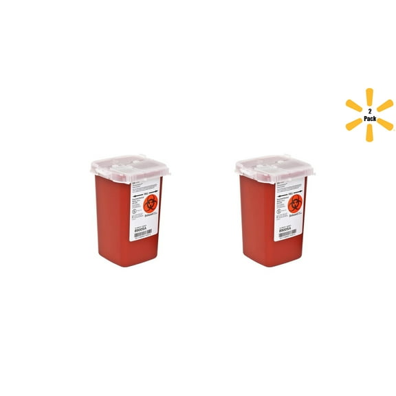 SharpSafety Sharps Container 6-1/4 H X 4-1/2 W X 4-1/4 D Inch 1 Quart Red Base / Translucent Lid Vertical Entry 2 Hinged Snap On Lid, 2 Pack - 8900SA