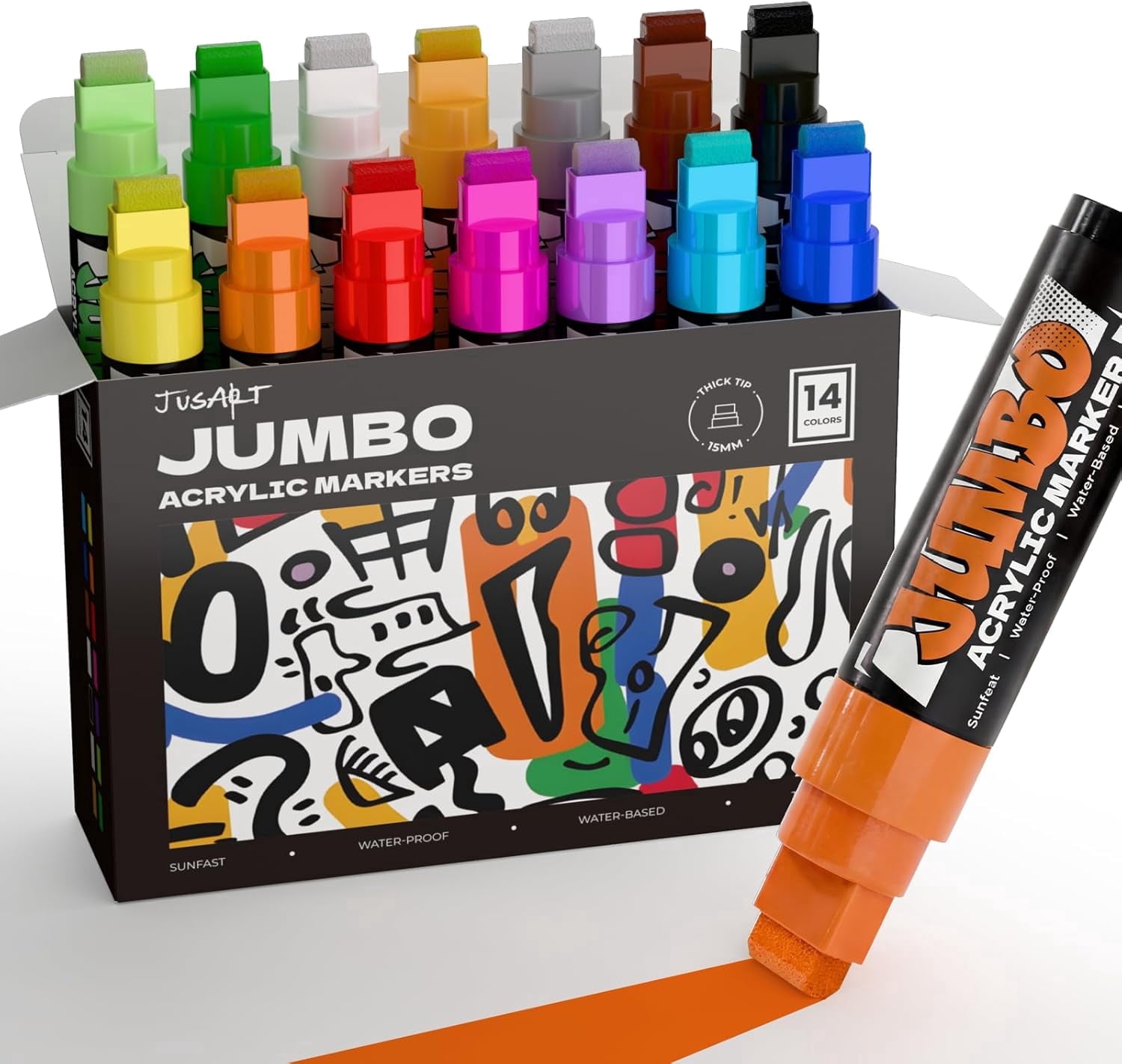 JusArt 14 Colors Jumbo Markers for Posters, 15mm Wide Tip, Thick