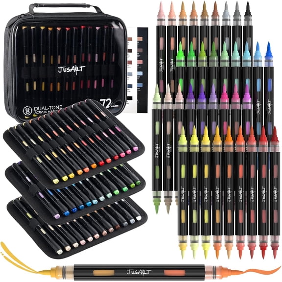 JusArt Acrylic Paint Markers, 72 Colors Brush Tip Acrylic Marker Set, 36 Dual-Tip Water-Based No-Bleed Markers with Automatic Ink Control for Wood, Rock, Fabric, Canvas, Glass, Metal,DIY Crafts
