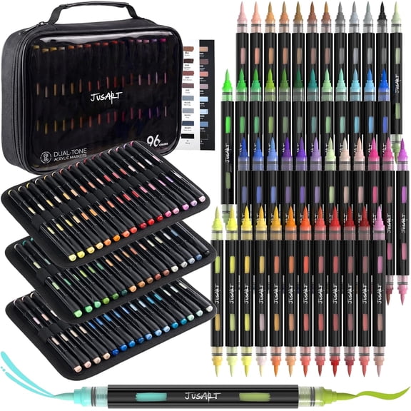 JusArt Acrylic Paint Markers, 96 Colors Brush Tip Acrylic Marker Set, 48 Dual-Tip Water-Based No-Bleed Markers with Automatic Ink Control for Wood, Rock, Fabric, Canvas, Glass, Metal,DIY Crafts