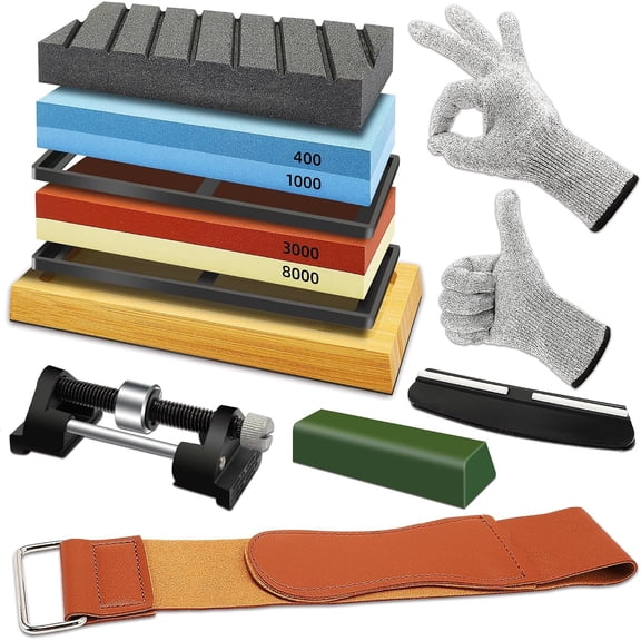 Sharpening Stone Kit, 400/1000 & 3000/8000 Grit Whetstone Set with  Base, Angle Guide, Flattening Stone & Leather Strop