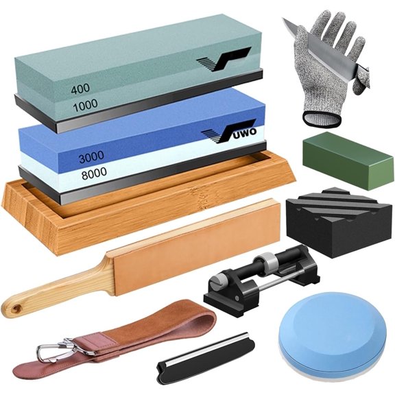 Sharpening Stone Kit - Whetstone Grit 400/1000 3000/8000 Sharpener Set with Leather Strop, Flattening Stone, Honing Guide, Base, Angle Guide, Cut Resistant Gloves