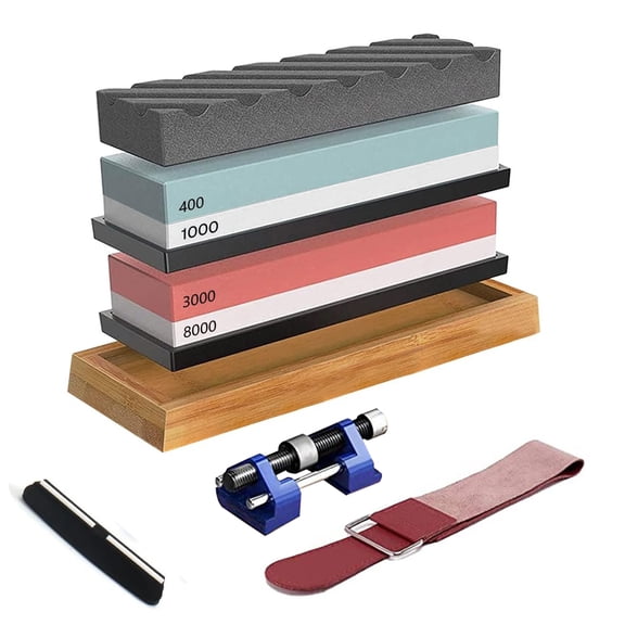 Behome Knife Sharpening Stone Set, Whetstone 4 Side Grit 400/1000 & 3000/8000, Knife Sharpening kit with Bamboo Rubber Base, Angle Guide, Flattening, Honing Guide, Leather Strop