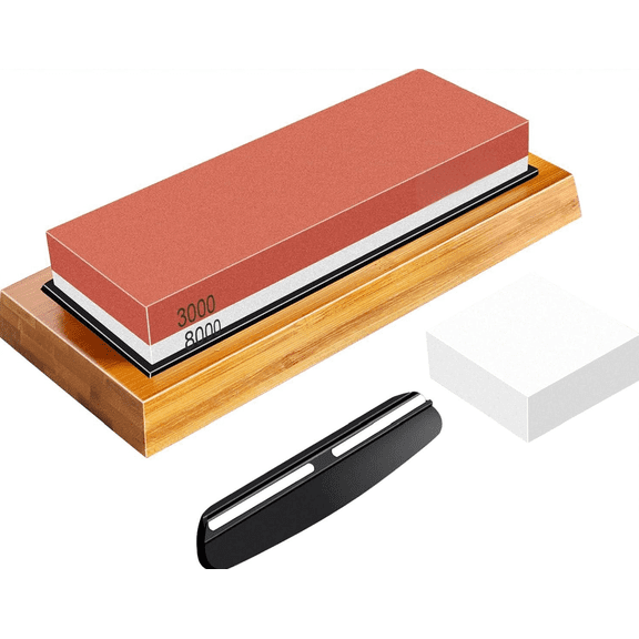 Sharpening Stone Whetstone Knife Sharpener Stone, Chefic 3000/8000 Grit Knife Sharpening Kit Wet Stone with Flattening Stone, Angle Guide, Non Slip Bamboo Base for kitchen, pocket knife sharpener