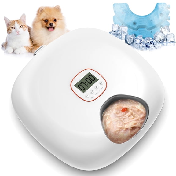 6-Meal Automatic Cat Feeder with 2 Ice Packs, Programmable Food Dispenser for Cats & Small Dogs, White, USB Rechargeable