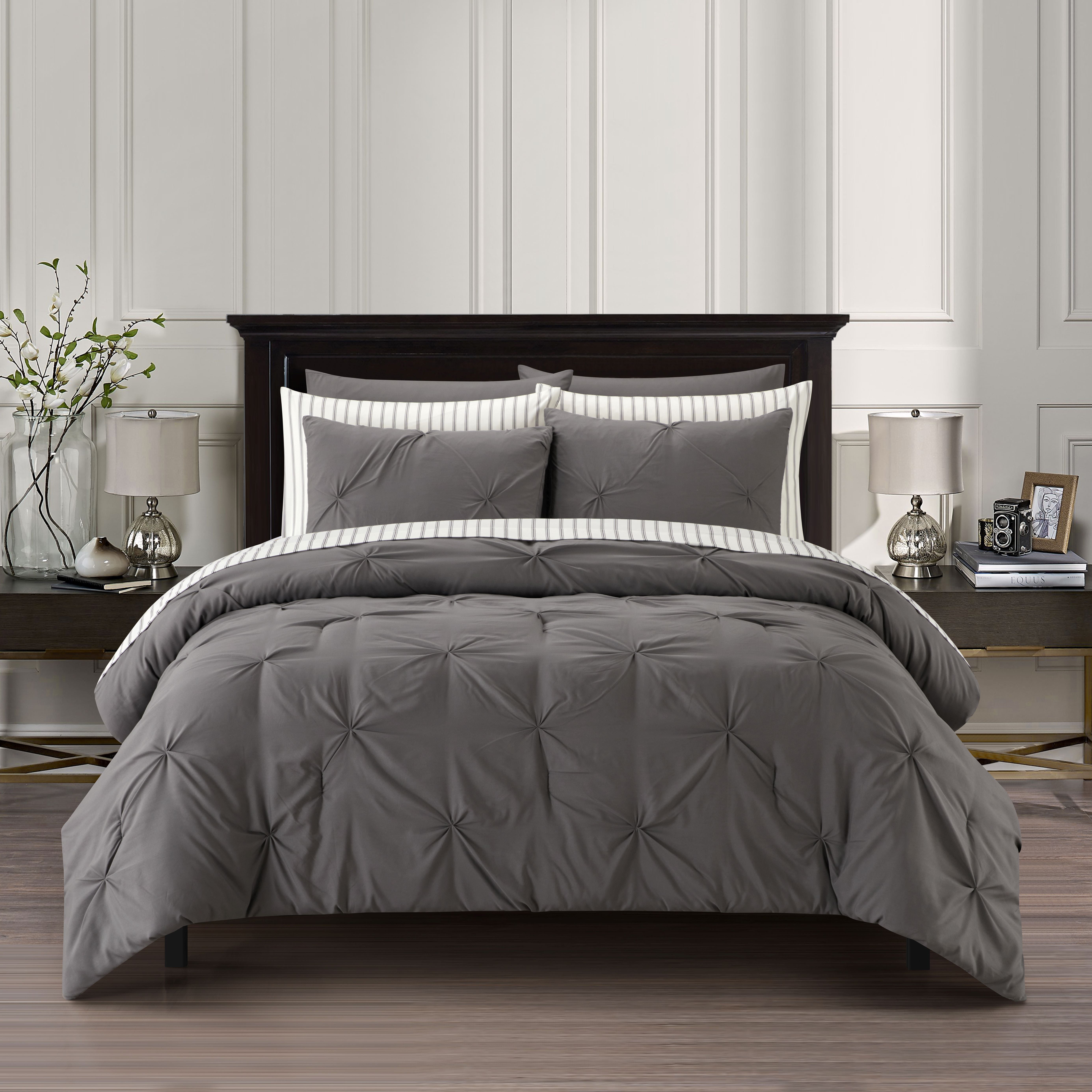 Sharper Image 9-Piece Grey Down Alternative Pintuck Bed in a Bag Set, Queen