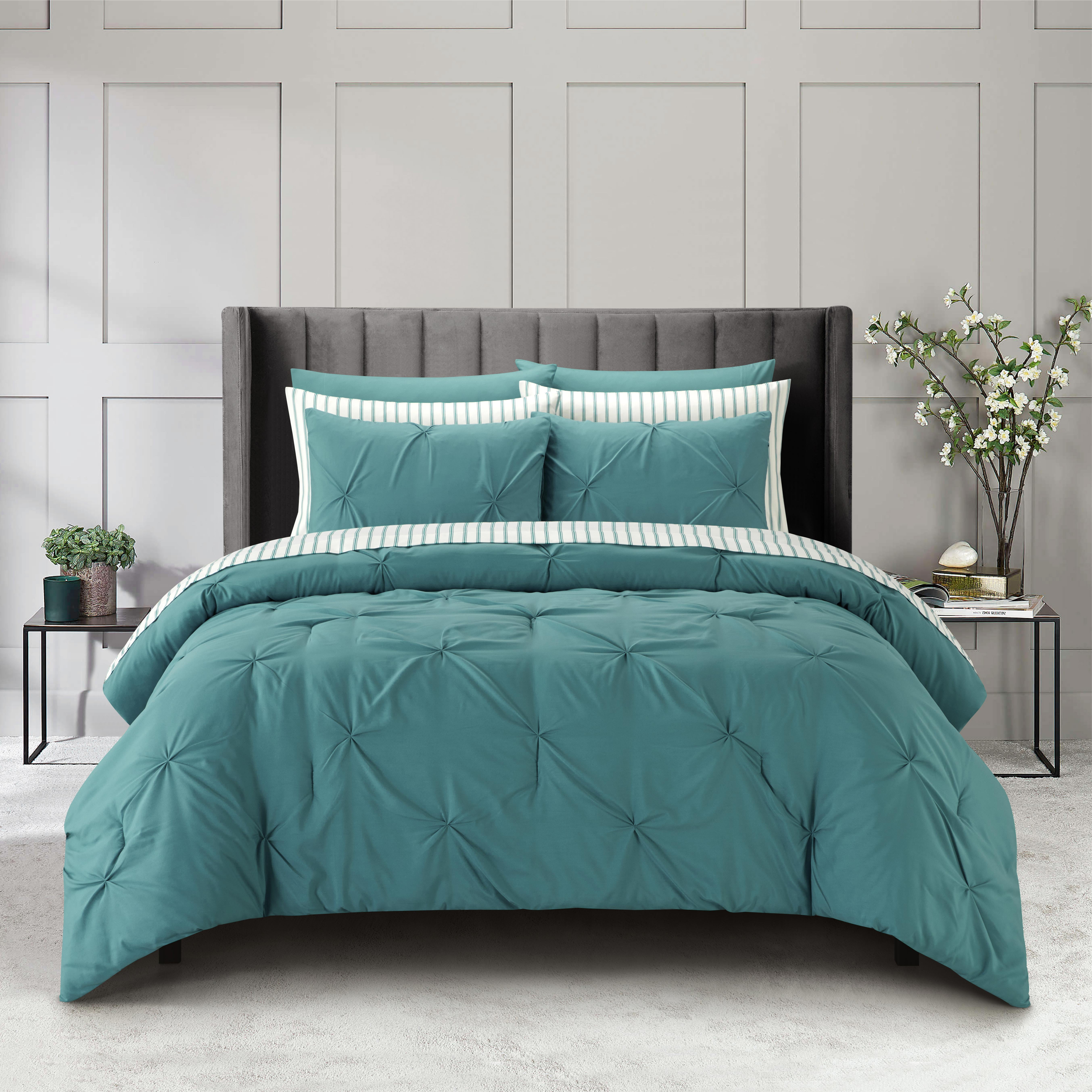 Sharper Image 9 Piece Teal Down Alternative Pintuck Bed in a Bag Set King
