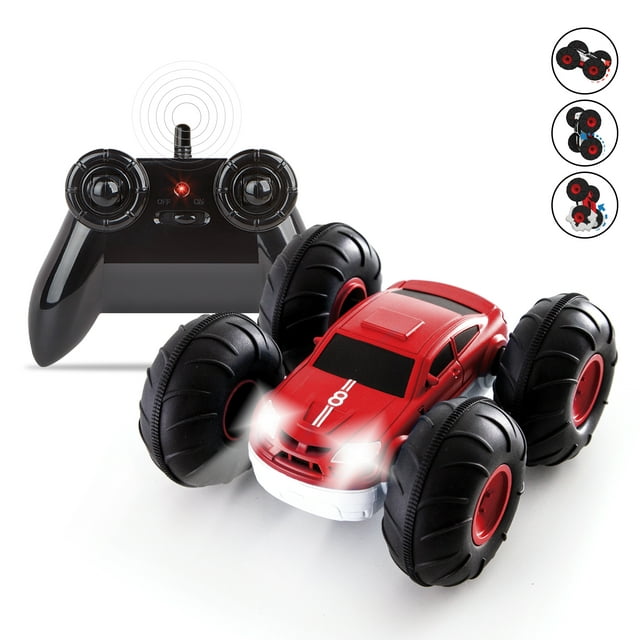 Sharper Image Remote Control RC Cars Flip Stunt Rally Car Toy for Kids, 49 MHz, 2-in-1 Reversible Design for Racing, Cool Stunts, Tricks, Led Headlights, AAA Battery Powered, Red/White Design