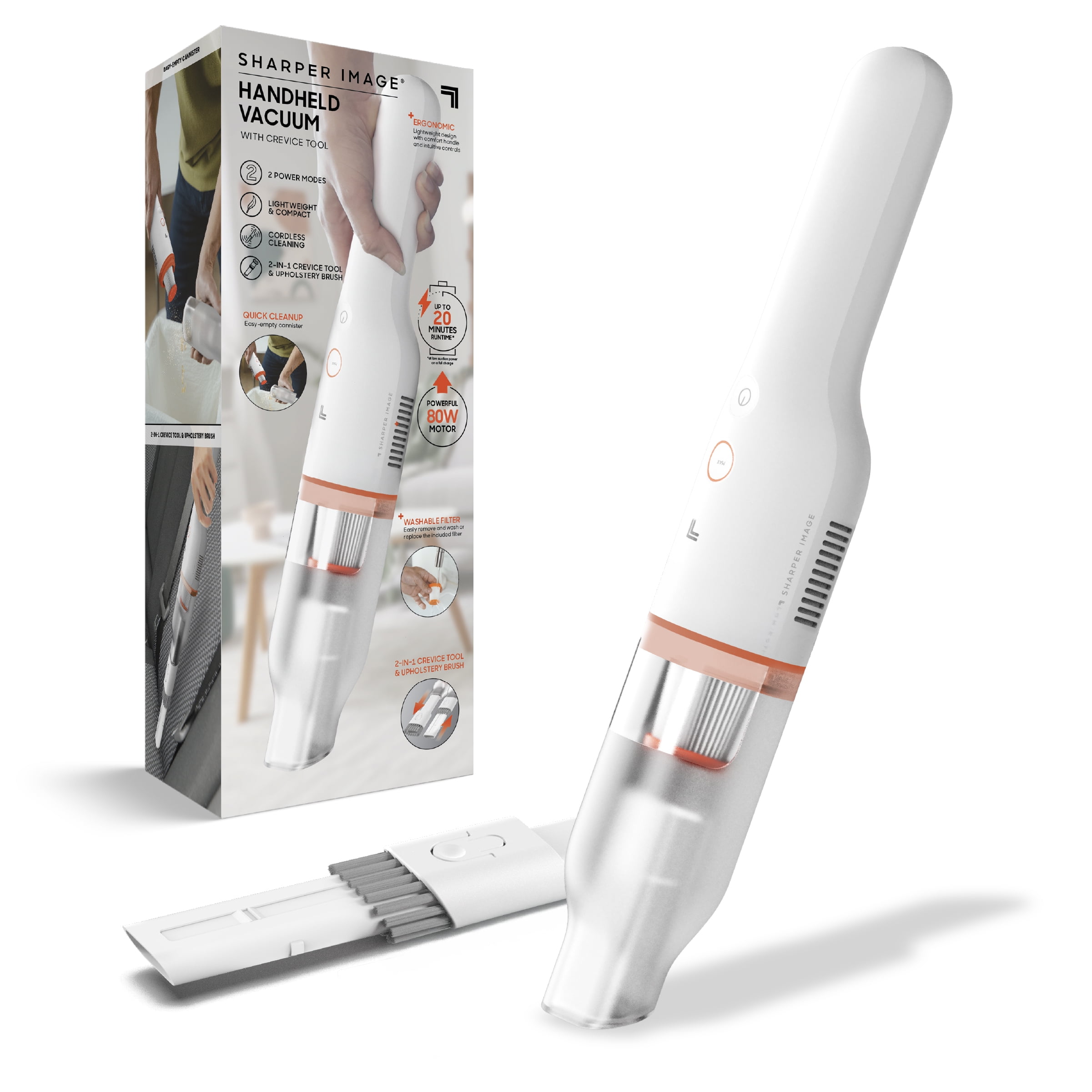 Sharper Image Handheld Vacuum with Crevice Tool – Cordless 80W Mini Vacuum with 2 Power Modes and Washable Filter