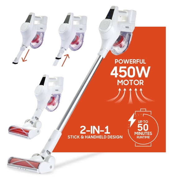 Sharper Image Cordless Vacuum Ultra Stick & Handheld Combo – 450W Motor with Anti-Tangle Floor Brush, 3 Speeds, and LED Lighting