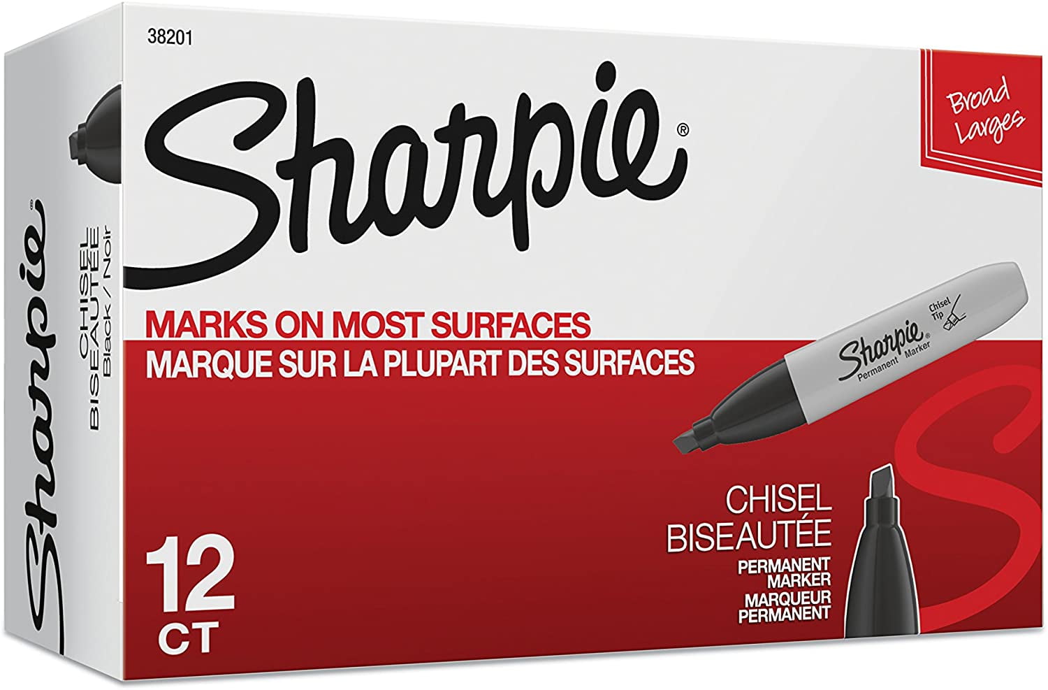 Sharpie 38201 Permanent Markers, Chisel Tip, Black, 12 Count 1pack